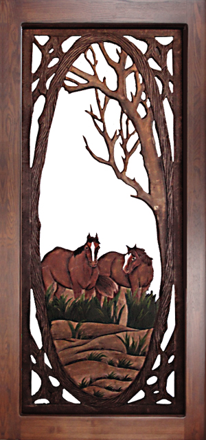 Carved Wood Screen Door - Horses