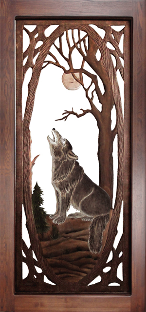 Carved Wood Screen Door - Wolf